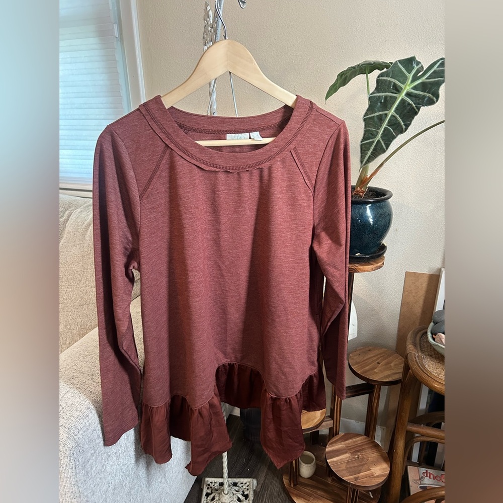 LOGO Lounge Dark Orange Brown tunic blouse ruffle hem size large longsleeve